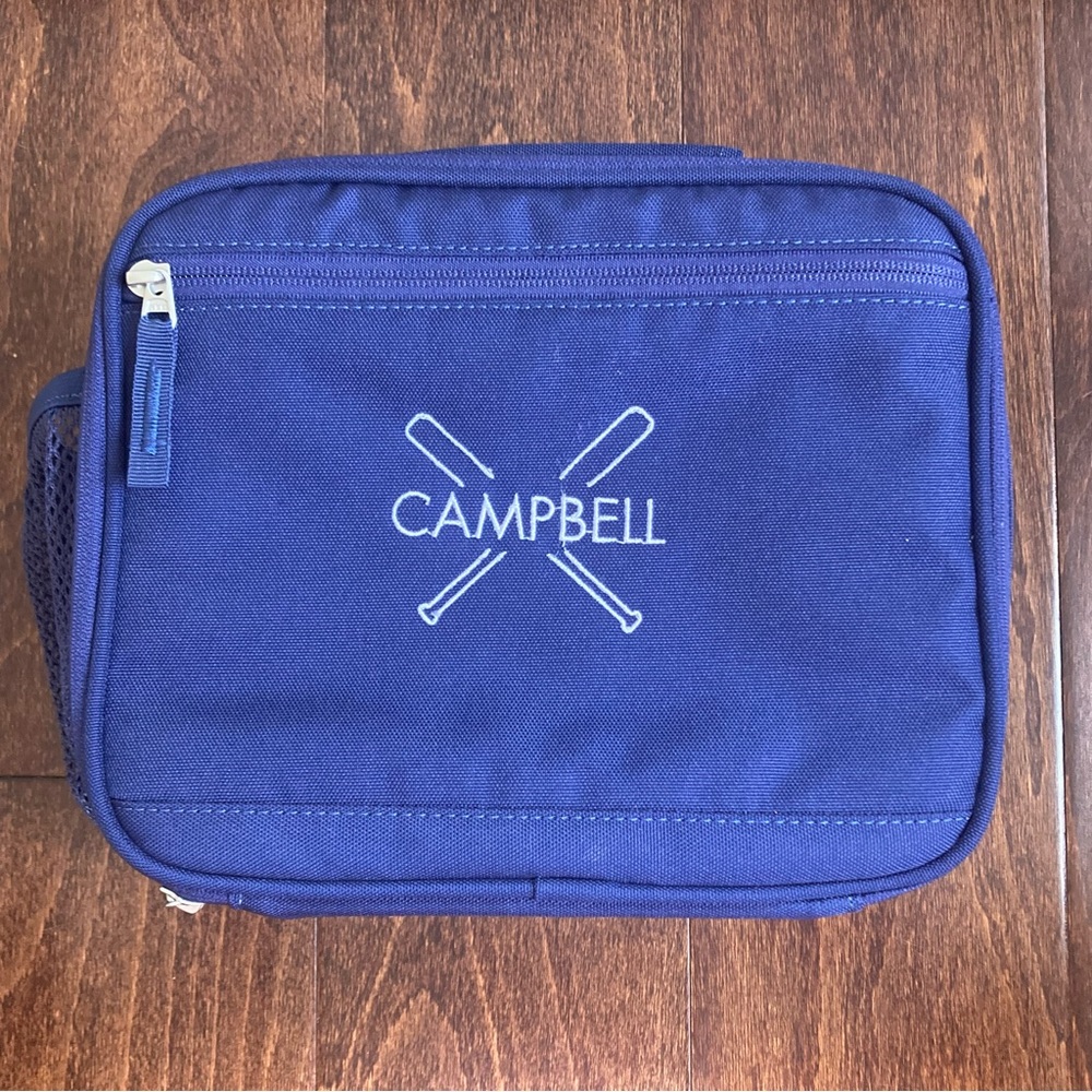 New Pottery Barn Kids Navy Blue Lunch Box CAMPBELL & Baseball Monogram